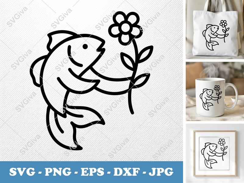 Fish SVG | Modern Fish with Flower Cut File | PNG EPS DXF | Cricut Silhouette Vector Art | Aquatic Decor, Floral