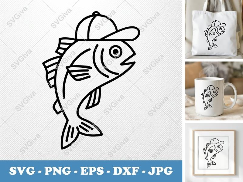 Fish SVG | Modern Outline Fish with Hat | Fishing Clipart | PNG EPS DXF for Cricut & Silhouette, Nautical