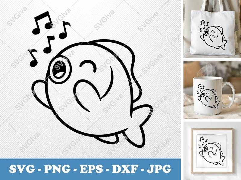 Fish SVG | Singing Cartoon Fish with Music Notes | PNG EPS DXF for Cricut, Silhouette | Cute Ocean Animal Cut File