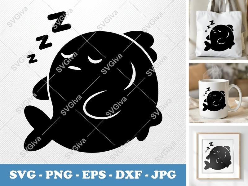 Fish SVG, Sleeping Cute Cartoon Fish Cut File | PNG EPS DXF | Cricut Silhouette Design | Kawaii Ocean Animal Vector