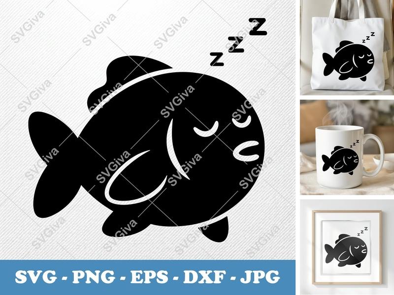 Fish SVG Sleeping, Cute Cartoon Zzz | PNG EPS DXF | Cricut Silhouette Cut File, Modern Sea Animal Clipart