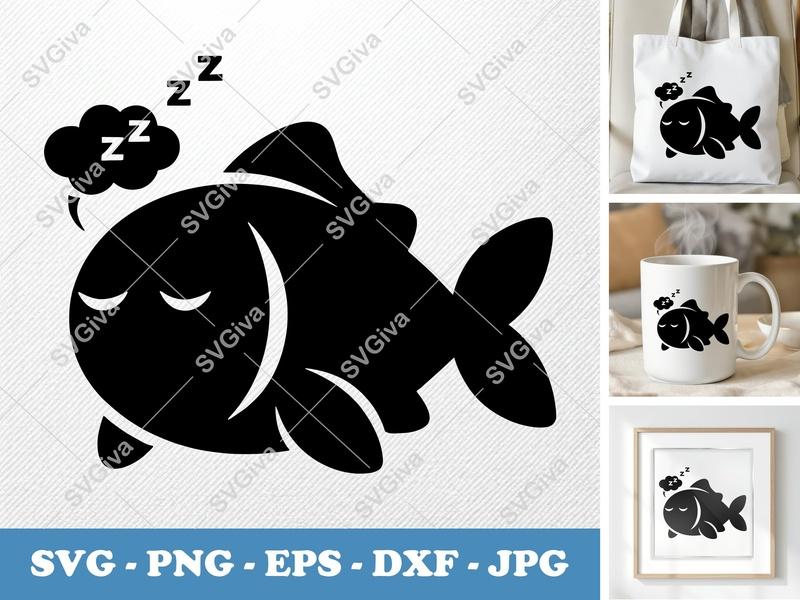 Fish SVG Sleeping | Cute Modern Fish Cut File | ZZZ Fish PNG EPS DXF | Cricut Silhouette Vector Art