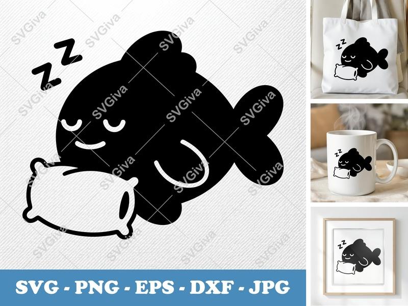 Fish SVG Sleeping with Pillow, Cute Sleepy Fish Cut File | PNG EPS DXF for Cricut, Silhouette | Ocean Animal Vector