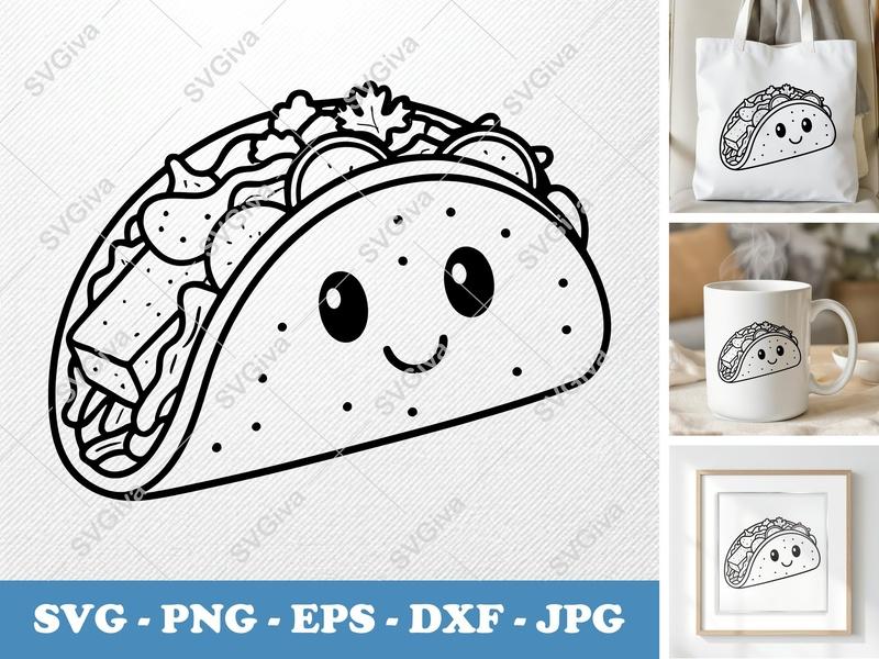 Fish Taco SVG | Cute Kawaii Design | Outline Vector Cut File | PNG EPS DXF for Cricut & Silhouette