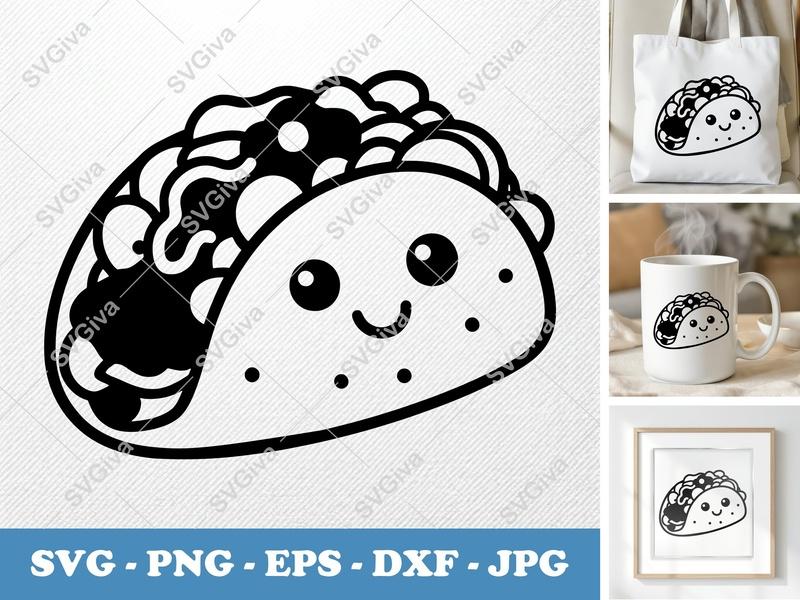 Fish Taco SVG | Cute Kawaii Food Outline | PNG EPS DXF | Cricut Silhouette Cut File, Modern Clip Art