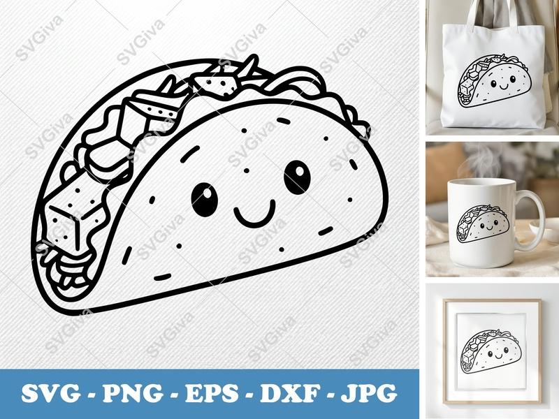 Fish Taco SVG, Cute Kawaii Taco, Food PNG EPS DXF, Cricut Silhouette Cut File, Mexican Snack, Funny Taco Face, Outline Art