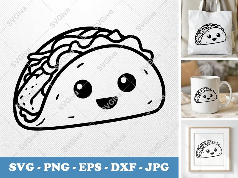 Fish Taco SVG | Kawaii Happy Cute Tacos | PNG EPS DXF Vector | Cricut Silhouette Cut File | Food Clipart