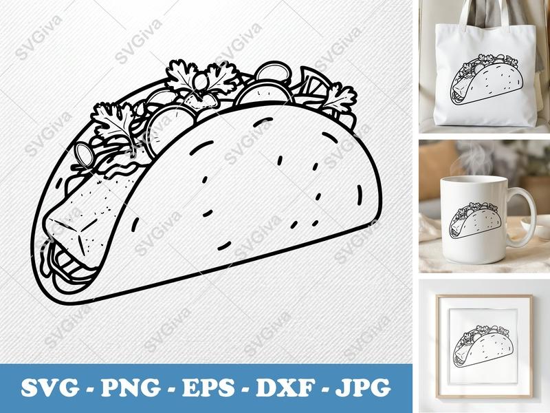 Fish Taco SVG | Minimalist Food Clipart with Garnish | Bold Black Contour | PNG DXF EPS | Cricut Silhouette File
