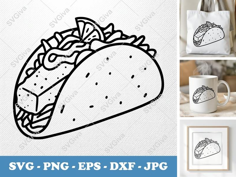 Fish Taco SVG | Modern Line Art Cut File with Fish, Lettuce, Lime | PNG EPS DXF for Cricut & Silhouette