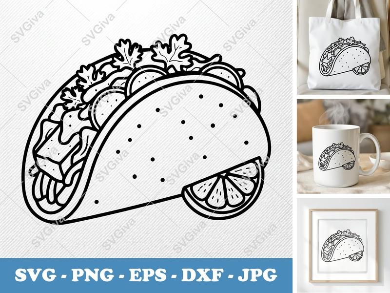 Fish Taco SVG | Modern Outline Clipart, Lime Slice | PNG EPS DXF for Cricut, Silhouette | Foodie Design