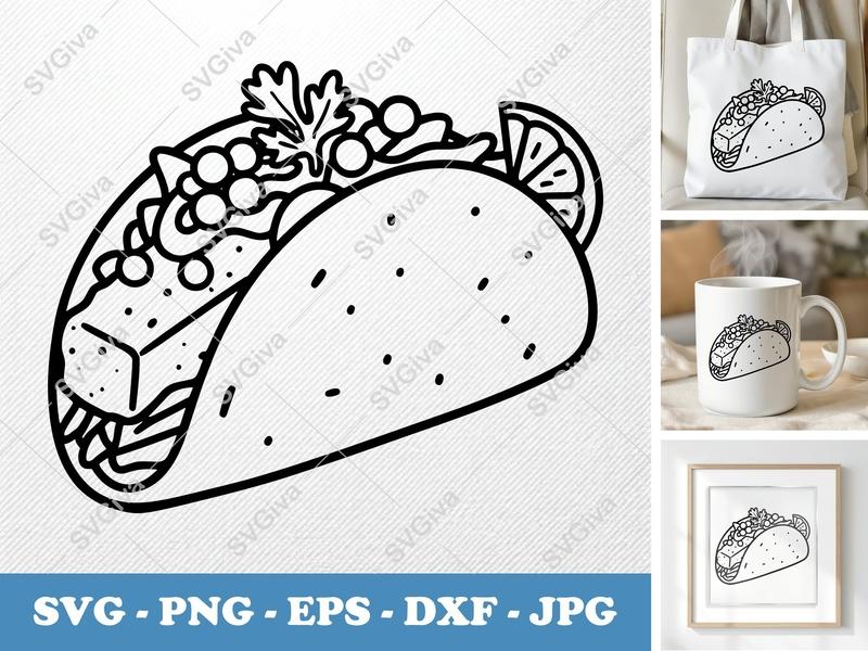 Fish Taco SVG | Modern Outline Clipart with Cilantro & Lime | PNG EPS DXF for Cricut & Silhouette Machines