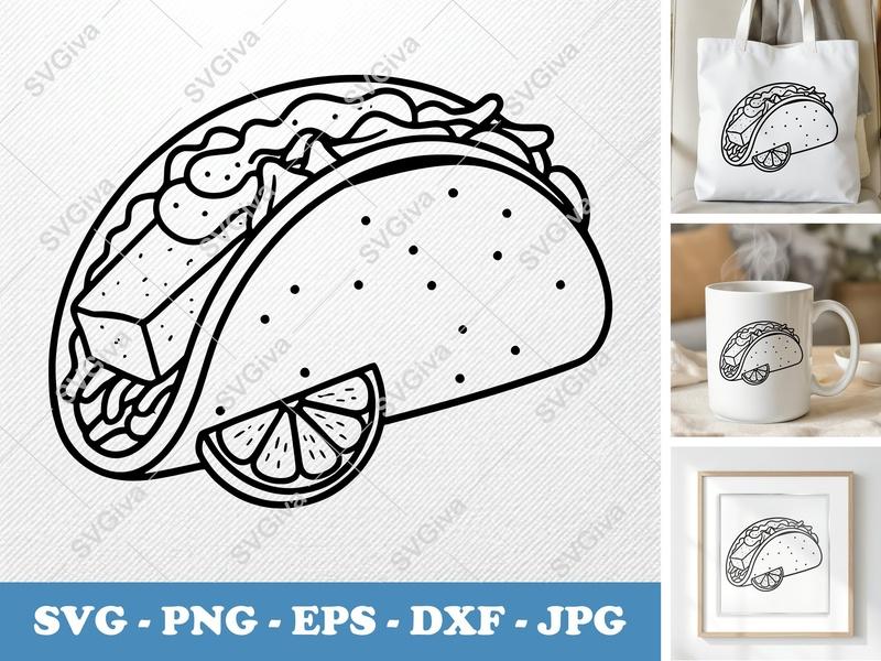 Fish Taco SVG | Modern Outline Cut File with Lime | PNG EPS DXF for Cricut & Silhouette | Foodie Clipart
