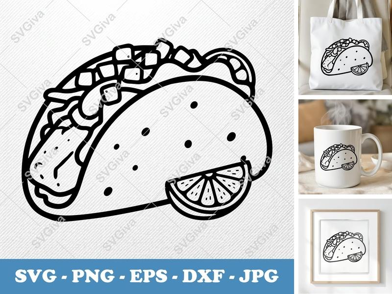 Fish Taco SVG, Outline Clipart with Lime Slice | PNG EPS DXF | Cricut Silhouette Cut File, Modern Food Design