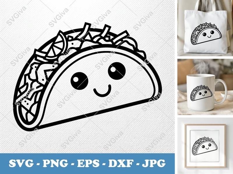 Fish Taco with Smiling Face SVG | Double-Outline Geometric Vector | Thick Contour Thin Lines | PNG DXF EPS for Cricut Silhouette