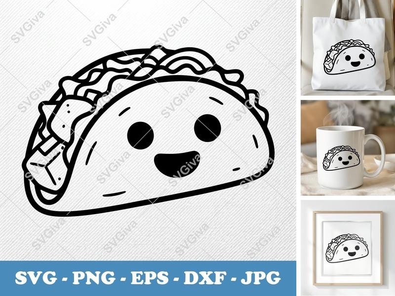 Fish Taco with Smiling Face SVG | Kawaii Inflated Puffy Shapes | PNG DXF EPS | Cricut Silhouette File