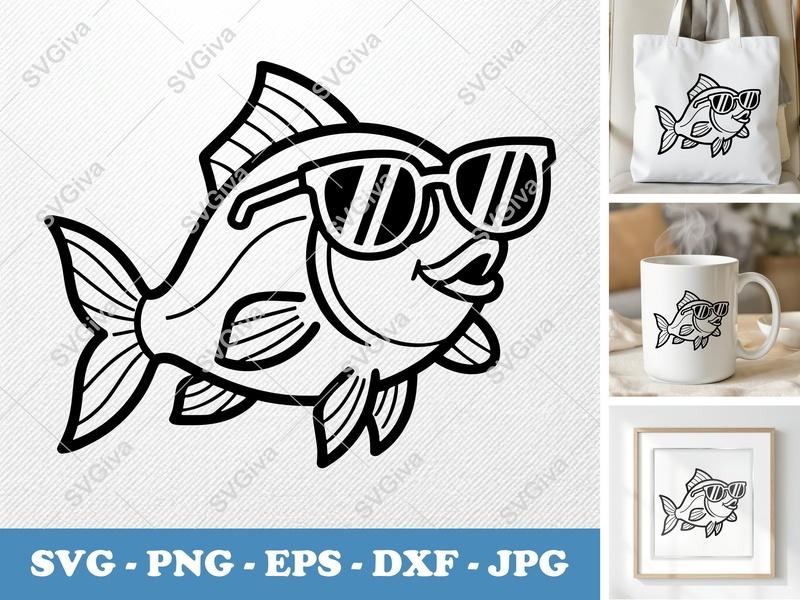 Fish Wearing Sunglasses SVG | Double-Outline, Bold Line Art | PNG DXF EPS | Cricut Silhouette File