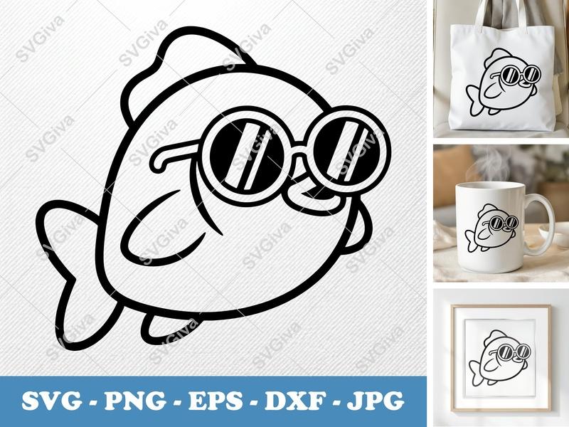 Fish Wearing Sunglasses SVG PNG DXF EPS | Cricut Silhouette Cut File | Puffy Cartoon Fish Vector Art