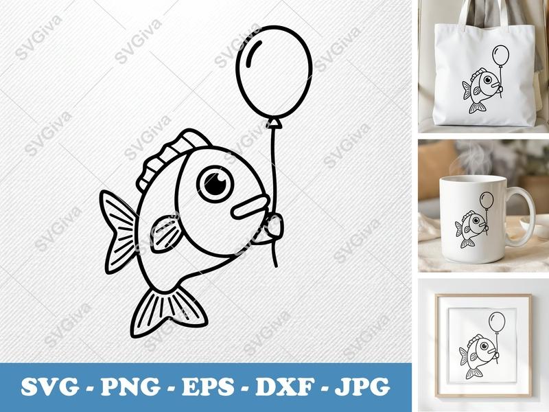 Fish with Balloon SVG | Cute Outline Design, Modern Line Art PNG EPS DXF for Cricut Silhouette
