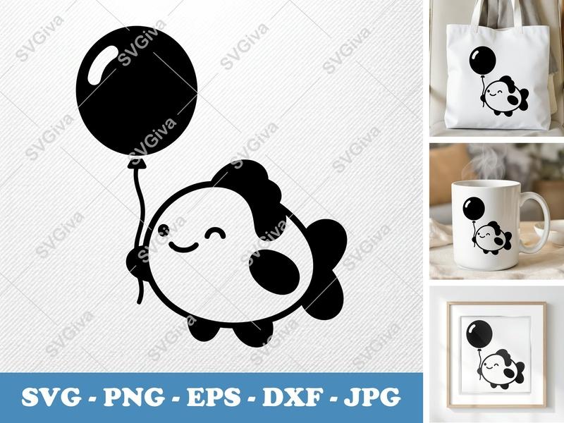 Fish with Balloon SVG | Puffy Smooth Shapes | PNG DXF EPS | Cricut Silhouette Cut File | Kawaii Design