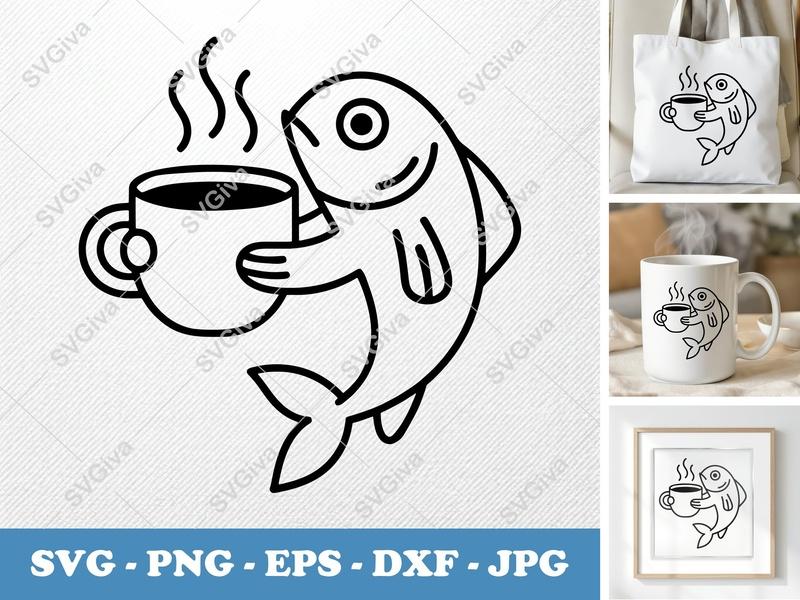 Fish with Coffee Cup SVG | Bold Minimalist Vector Cut File | PNG, DXF, EPS | Cricut & Silhouette Coffee Lover Design