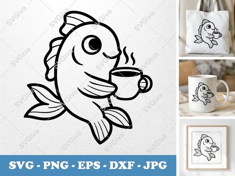 Fish with Coffee Cup SVG PNG DXF EPS | Cricut Silhouette Ocean Life Cut File