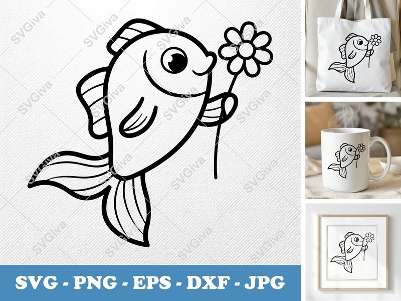 Fish with Flower SVG | Cute Cartoon Fish PNG EPS DXF | Cricut Silhouette File | Ocean Sea Life Clipart Vector