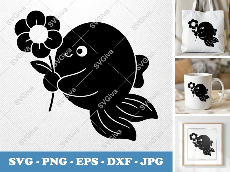 Fish with Flower SVG, Cute Goldfish Holding Daisy Clipart | PNG EPS DXF | Cricut Silhouette Cut File, Ocean Animal Vector Art