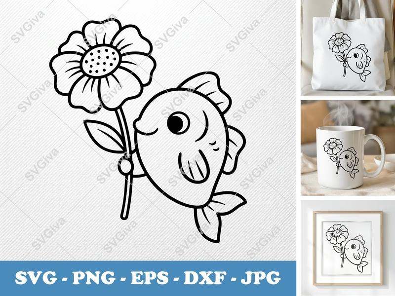 Fish with Flower SVG | Friendly Bean-Shaped Cut File for Cricut & Silhouette | Rounded Body Vector PNG DXF EPS