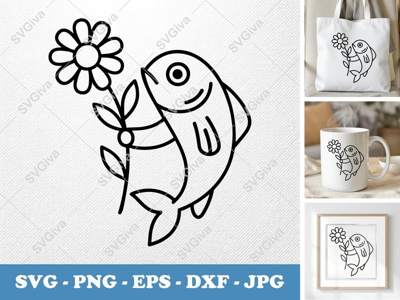 Fish with Flower SVG | Minimalist Bold Contour Cut File | PNG DXF EPS | Cricut Silhouette Design