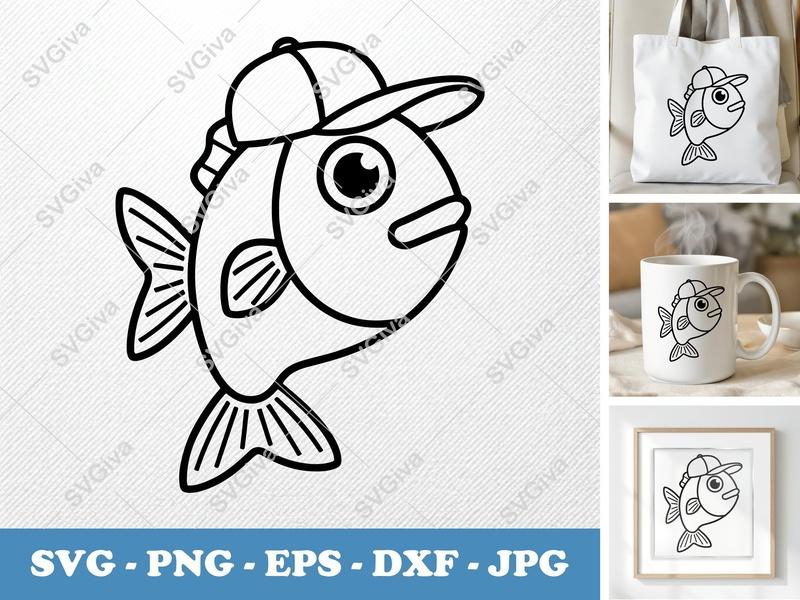Fish with Hat SVG, Cute Cartoon Fish Outline | PNG EPS DXF | Cricut Silhouette Cut File, Fishing Lover Design