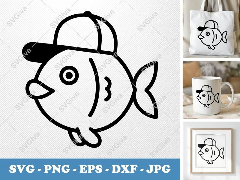 Fish with Hat SVG | Modern Cartoon Fish | Baseball Cap | Cute Animal Cut File for Cricut, Silhouette | PNG, EPS, DXF Included