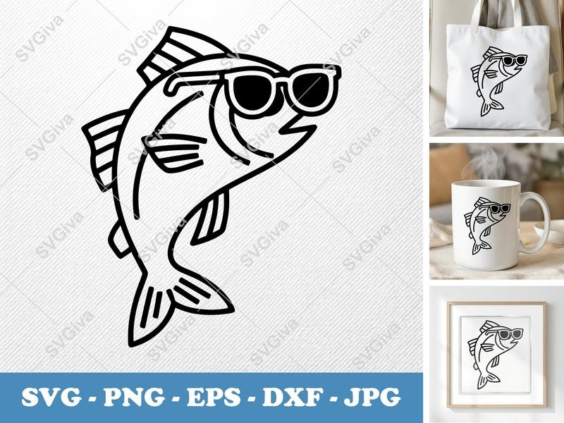 Fish with Sunglasses SVG | Cool Fish SVG PNG EPS DXF | Fishing Clipart | Cricut Silhouette Cut File | Modern Animal Design