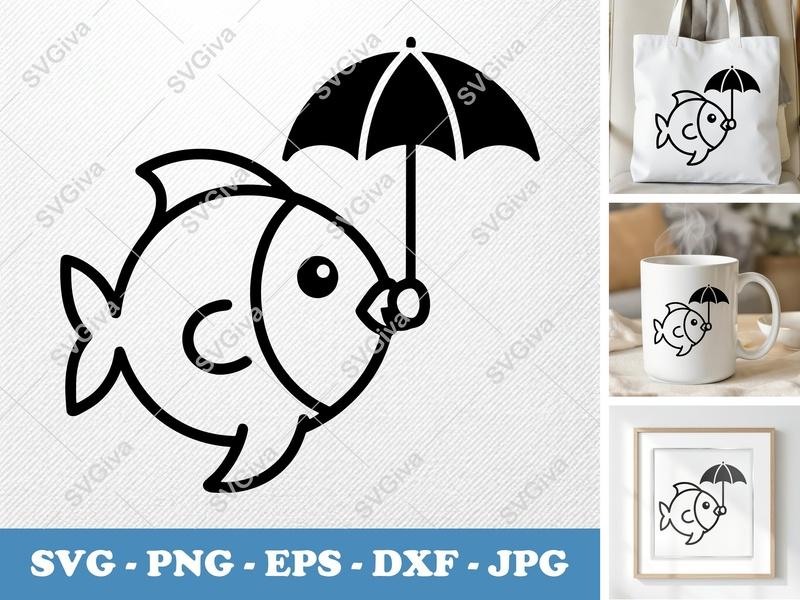 Fish with Umbrella SVG | Cute Cartoon Fish | Ocean Sea Life | PNG EPS DXF | Cricut Silhouette File | Digital Download