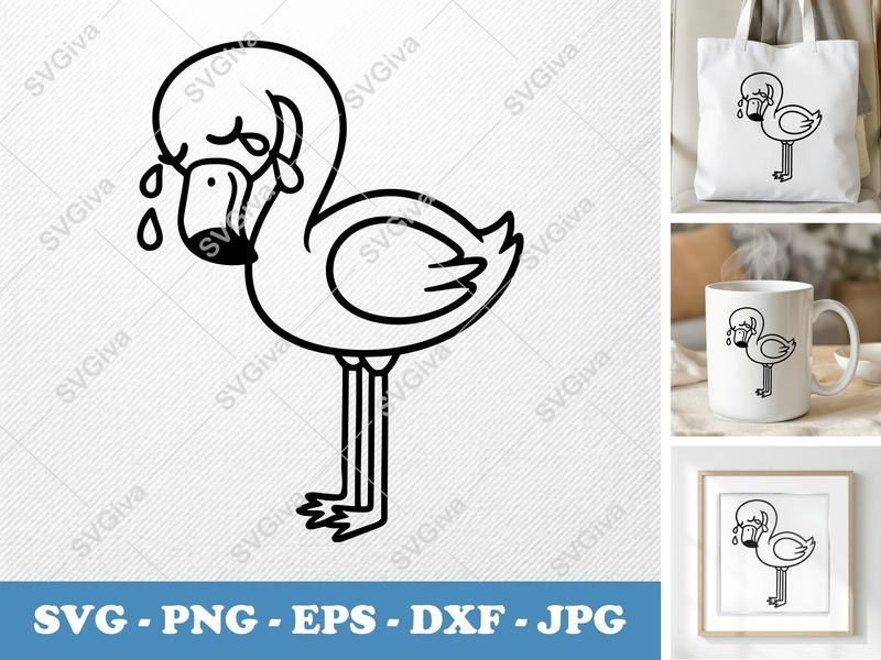 Flamingo Crying SVG | Sad Bird Clipart PNG EPS DXF | Modern Outline Cut File for Cricut & Silhouette