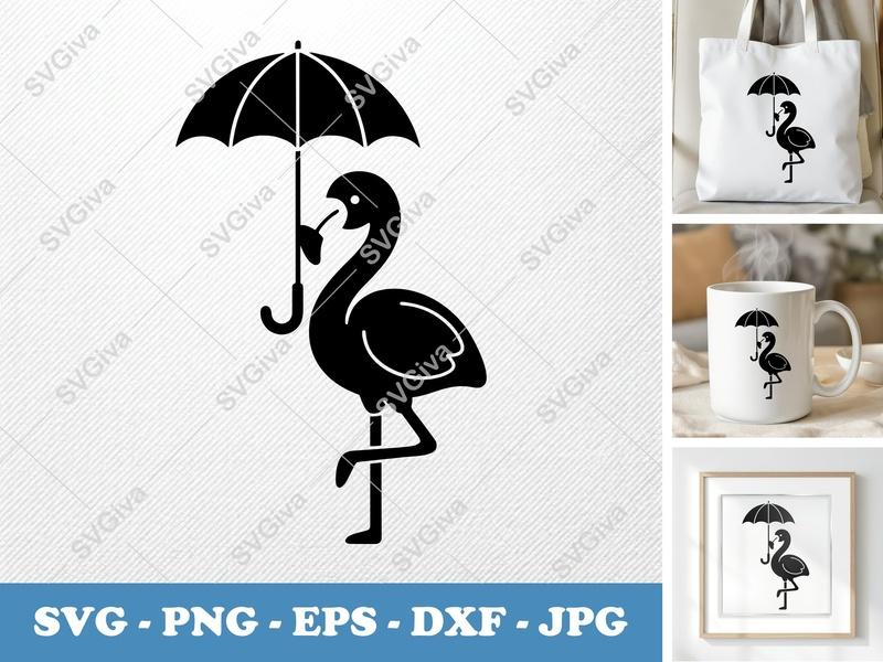 Flamingo Holding Umbrella SVG PNG DXF EPS | Cricut Silhouette Cut File