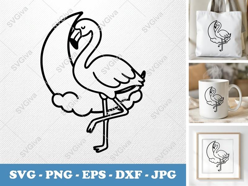 Flamingo on Moon SVG, PNG, DXF, EPS | Cricut Silhouette Cut File Tropical Bird