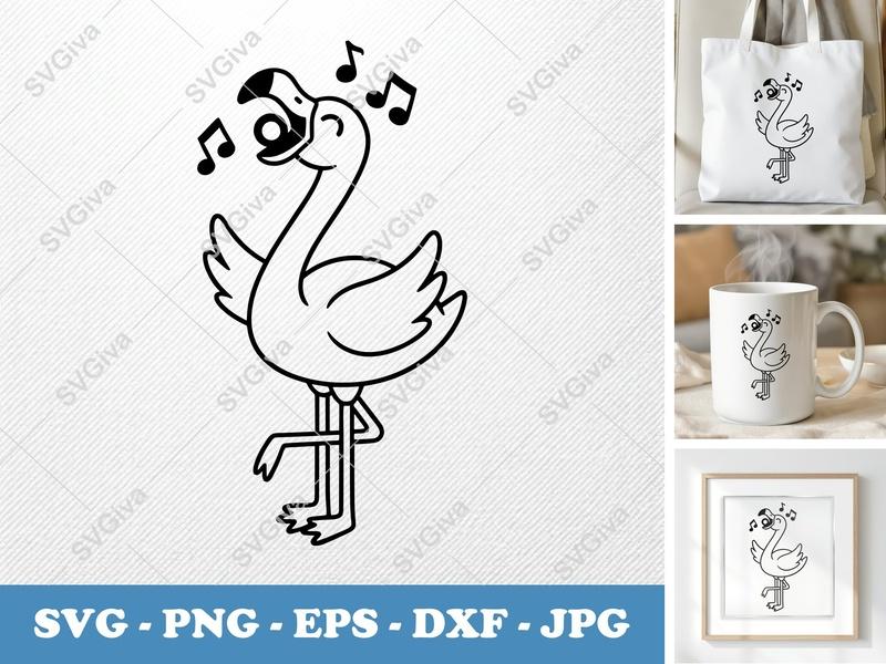 Flamingo Singing SVG | Music Notes Cut File | Modern Bird PNG EPS DXF for Cricut & Silhouette | Tropical Animal Vector Art