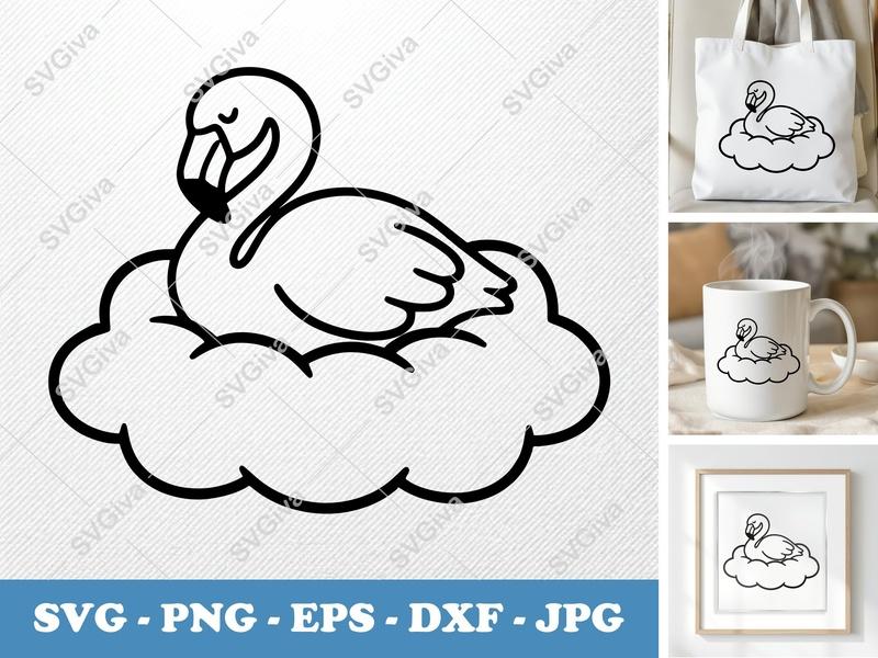 Flamingo Sitting on a Cloud SVG PNG DXF EPS | Cricut Silhouette Cut File Vector Art