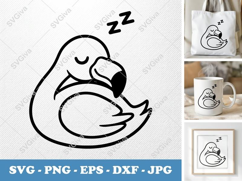 Flamingo Sleeping SVG | Cute Bird Design, Zzz Sleepy Flamingo PNG EPS DXF for Cricut, Silhouette, Vector Clipart