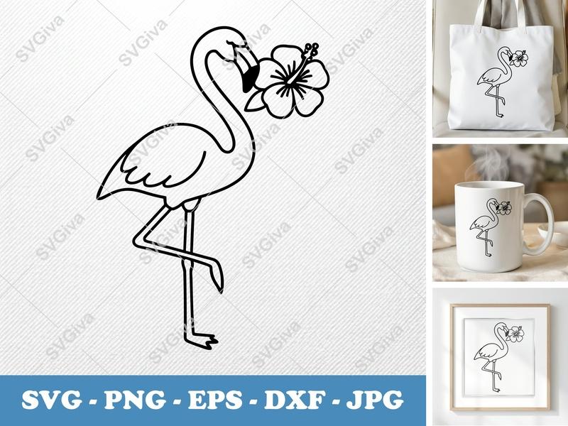 Flamingo SVG | Bird with Hibiscus Flower | Outline Clipart | PNG EPS DXF for Cricut, Silhouette | Tropical Summer Cut File