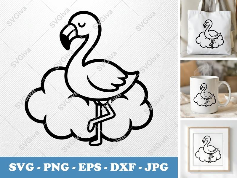 Flamingo SVG | Cloud Cut File, Tropical Bird Art | PNG, EPS, DXF for Cricut & Silhouette Machines, Modern Clean Design