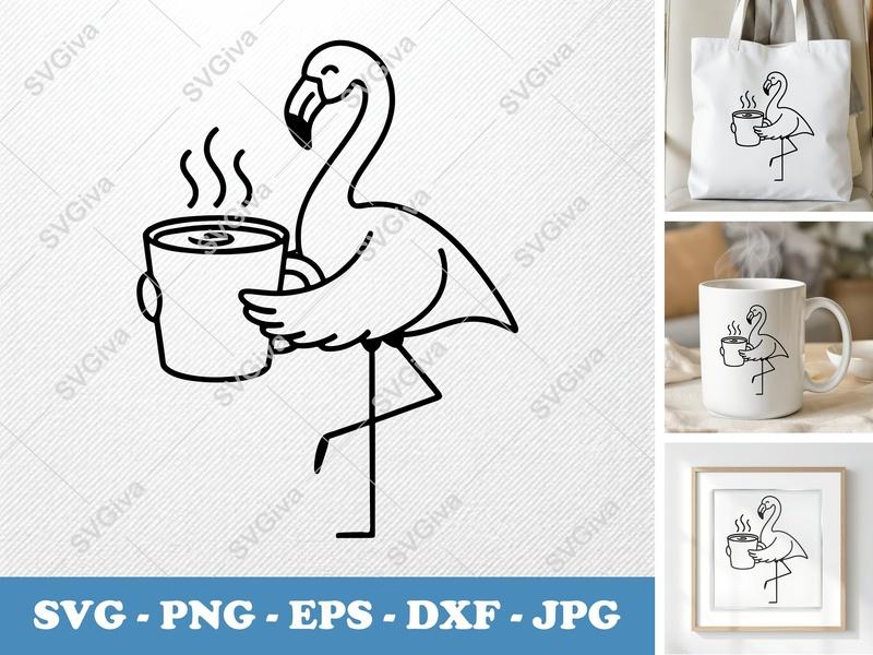Flamingo SVG | Coffee Mug Drink | Modern Clean Line Art | PNG EPS DXF for Cricut Silhouette Cutting Machines