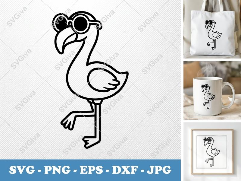 Flamingo SVG, Cool Flamingo with Sunglasses, Summer Bird Cut File, PNG EPS DXF for Cricut | Silhouette, Tropical Art