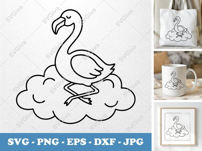 Flamingo SVG, Cute Cloud Flamingo, Bird Cut File, Modern Clean Design | PNG EPS DXF for Cricut, Silhouette, Vector Art