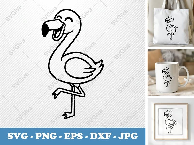 Flamingo SVG | Happy Cartoon Bird Cut File | Modern Clean Design PNG EPS DXF for Cricut & Silhouette Machines