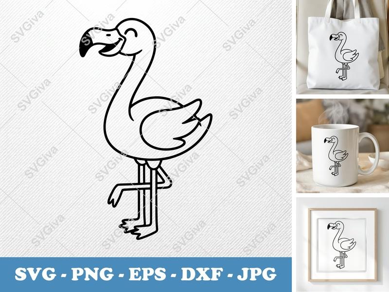 Flamingo SVG | Happy Cartoon Outline | Tropical Bird Clipart | PNG EPS DXF | Cricut Silhouette Cut File