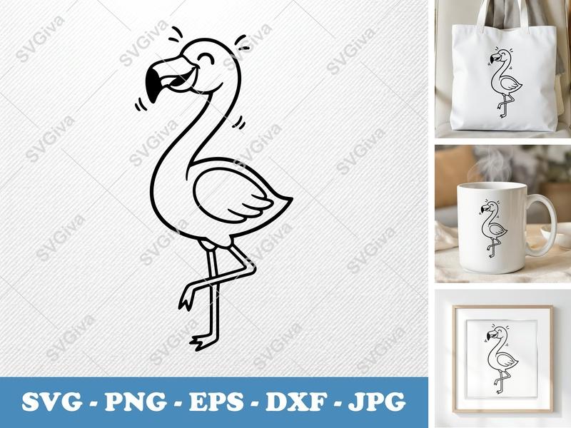 Flamingo SVG | Happy Flamingo Cut File | Cartoon Bird PNG EPS DXF for Cricut & Silhouette | Tropical Animal Clipart