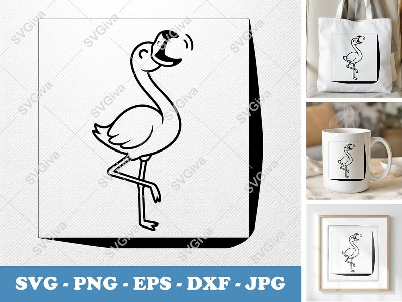 Flamingo SVG, Modern Clean Design, Happy Cartoon Flamingo, Standing Bird, PNG EPS DXF for Cricut & Silhouette Cut Files