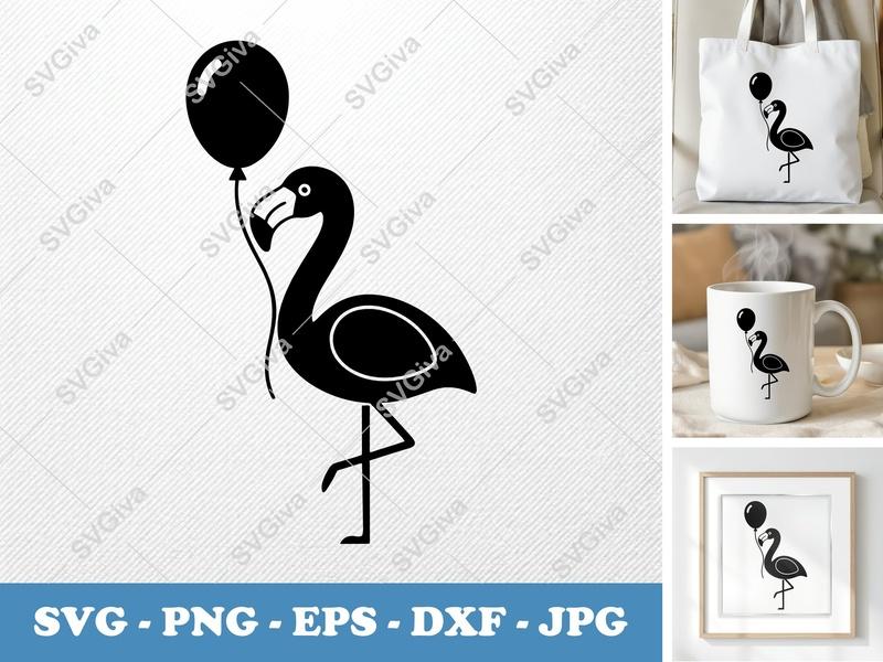 Flamingo SVG, Modern Clean Flamingo with Balloon Cut File | PNG EPS DXF for Cricut, Silhouette, Vector Clipart, Party Decor