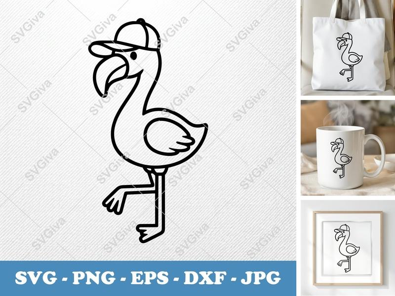 Flamingo SVG, Modern Clean Line Art with Cap | PNG EPS DXF | Cricut Silhouette Cut File, Tropical Bird Clipart